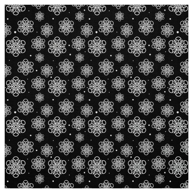 White  Snowflake on black with fish scales pattern Fabric (Swatch)