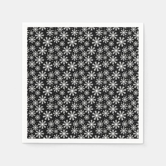 White Snowflake on black with paw print pattern Napkin (Front)