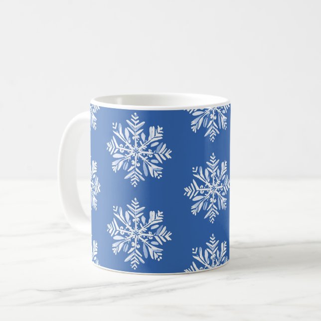 White Snowflake on Blue Christmas Holiday Pattern Coffee Mug (Front Left)