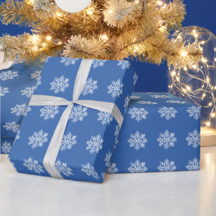 White Snowflake on Blue Christmas Holiday Pattern Wrapping Paper