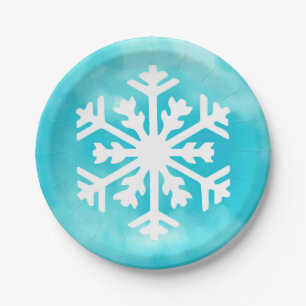 White snowflake on Blue Watercolor Background Paper Plate