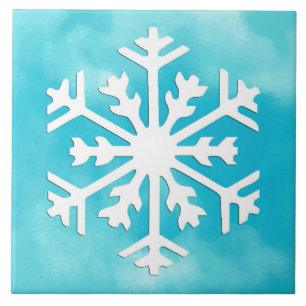 White snowflake on Blue Watercolor Background Tile