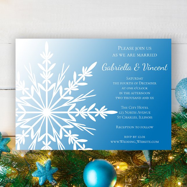 White Snowflake on Blue Winter Wedding Invitation (Creator Uploaded)