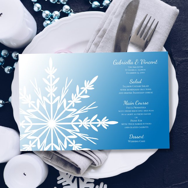 White Snowflake on Blue Winter Wedding Menu (Creator Uploaded)