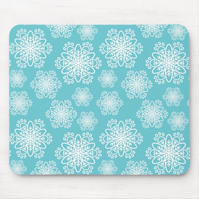 White  Snowflake on blue with paw print pattern Mouse Pad (Front)