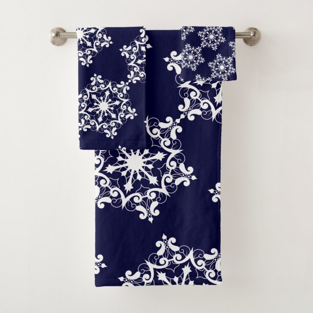 White Snowflake On Dark Blue Bath Towel Set (Insitu)