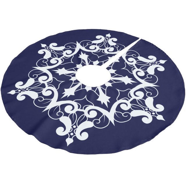 White Snowflake On Dark Blue Brushed Polyester Tree Skirt (Angled)