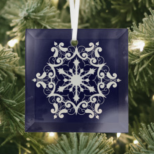 White Snowflake On Dark Blue Glass Ornament