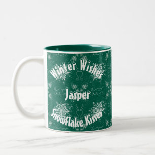 White Snowflake on Emerald Green Two-Tone Coffee Mug