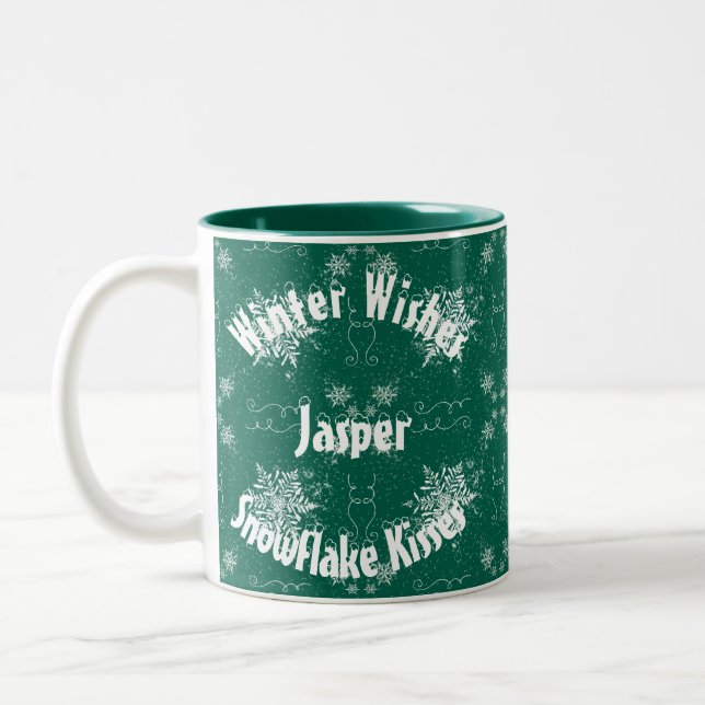 White Snowflake on Emerald Green Two-Tone Coffee Mug (Left)