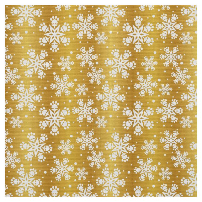 White  Snowflake on gold with paw print pattern Fabric (Swatch)