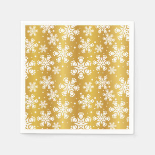 White  Snowflake on gold with paw print pattern Napkin