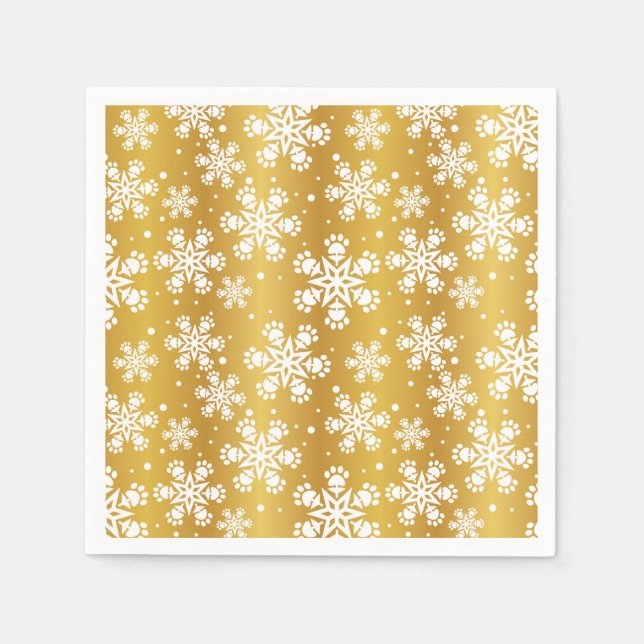 White  Snowflake on gold with paw print pattern Napkin (Front)