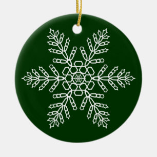 White Snowflake on Green Background Ceramic Ornament