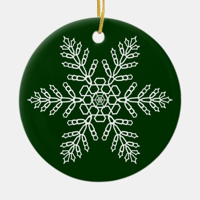 White Snowflake on Green Background Ceramic Ornament (Front)
