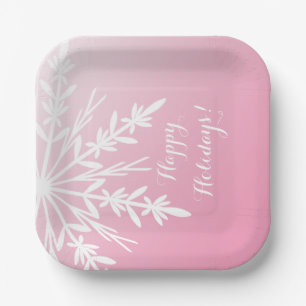 White Snowflake on Pink Happy Holidays Paper Plate