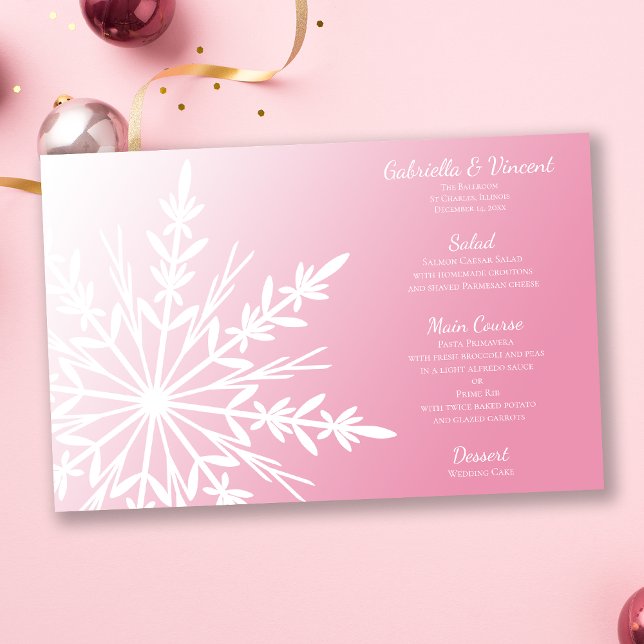 White Snowflake on Pink Winter Wedding Menu (Creator Uploaded)