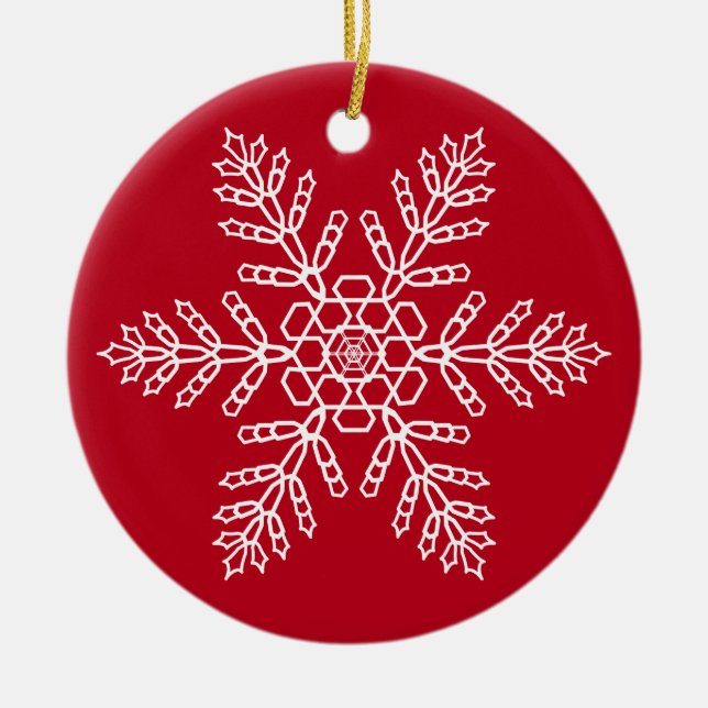 White Snowflake on Red Background Ceramic Ornament (Front)