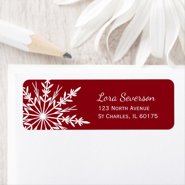 White Snowflake on Red Holiday Return Address Label (Insitu)