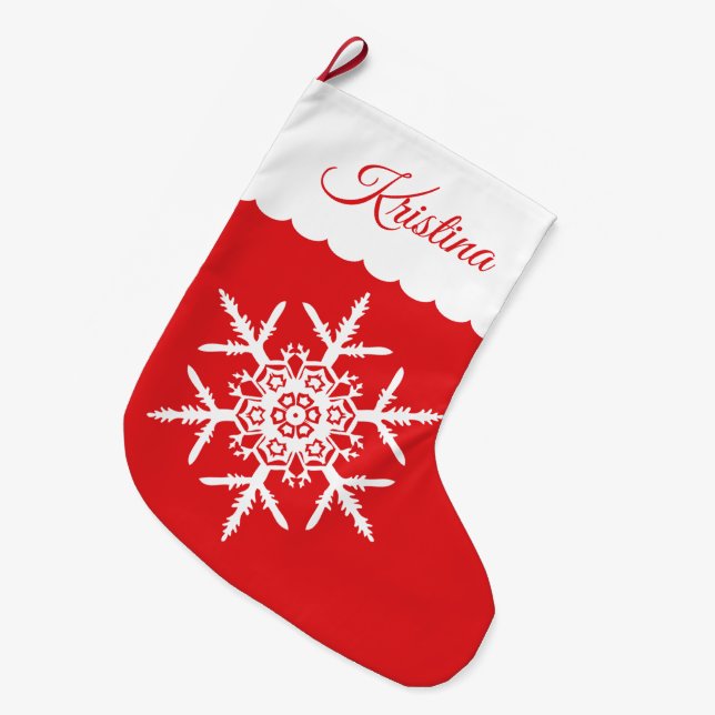 White Snowflake on Red Monogrammed Large Christmas Stocking (Front (Hanging))