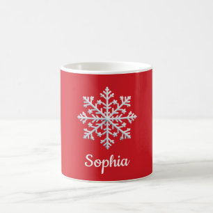 White Snowflake on Red Personalised Christmas Coffee Mug