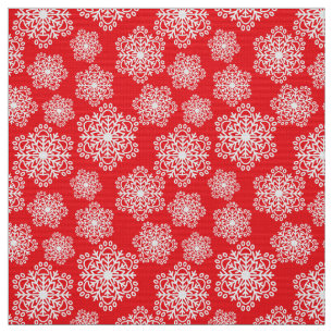 White Snowflake on red with paw print pattern Fabric