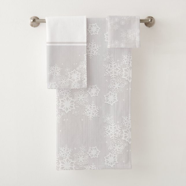 White Snowflake on Silver Winter Season  Bath Towel Set (Insitu)