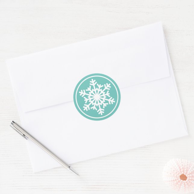 White Snowflake On Teal Aqua Turquoise Blue Green Classic Round Sticker (Envelope)
