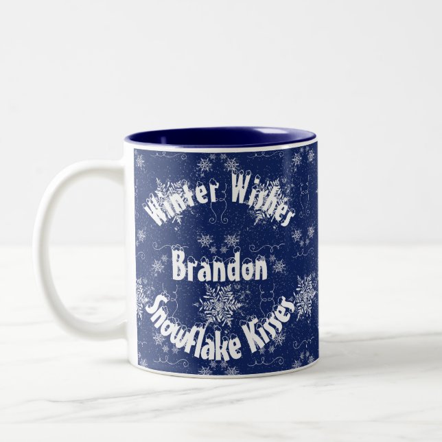 White Snowflake on Traditional Blue Mug (Left)