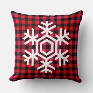 White Snowflake on warm red tartan pattern Cushion
