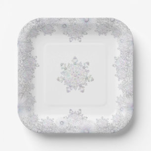 White snowflake paper plate
