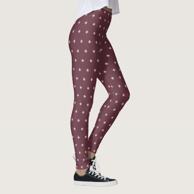 White Snowflake Pattern Christmas Burgundy Leggings (Right)