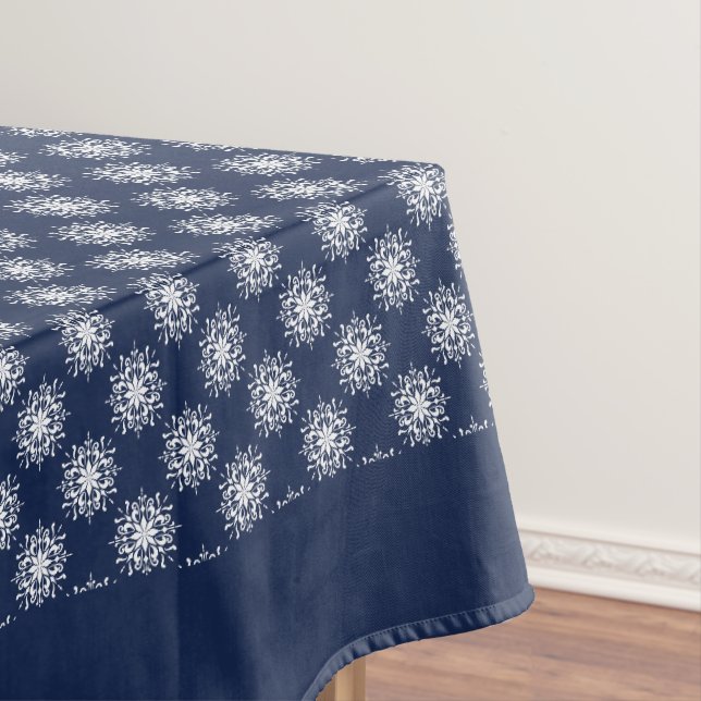 White Snowflake Pattern on a Midnight Blue Sky Tablecloth (In Situ)