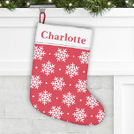 White Snowflake Pattern with Monogram Red Holiday Small Christmas Stocking<br><div class="desc">Christmas stocking features a two-sided red design (colour can be customised) with white winter snowflake and dots pattern. Personalise the custom dark grey script text with a family member's name.</div>