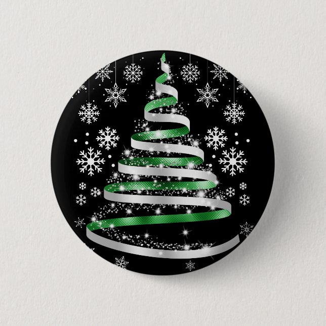 White Snowflake Silver Green Ribbon Christmas Tree 6 Cm Round Badge (Front)