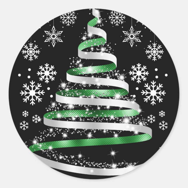 White Snowflake Silver Green Ribbon Christmas Tree Classic Round Sticker (Front)