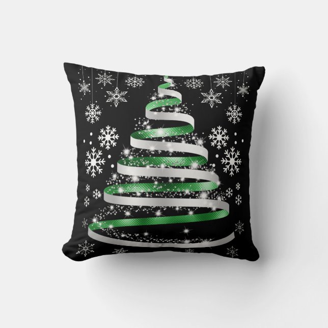 White Snowflake Silver Green Ribbon Christmas Tree Cushion (Front)