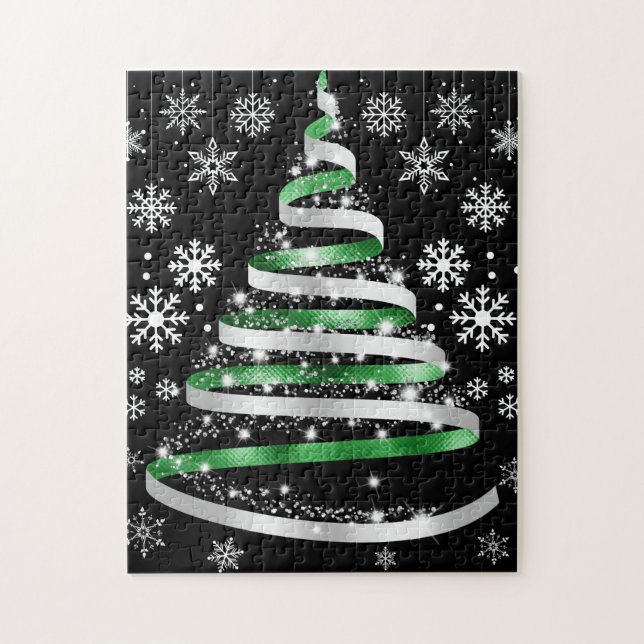 White Snowflake Silver Green Ribbon Christmas Tree Jigsaw Puzzle (Vertical)