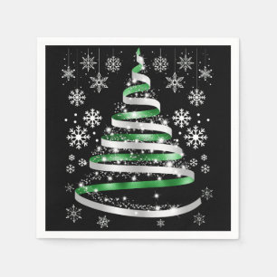 White Snowflake Silver Green Ribbon Christmas Tree Napkin