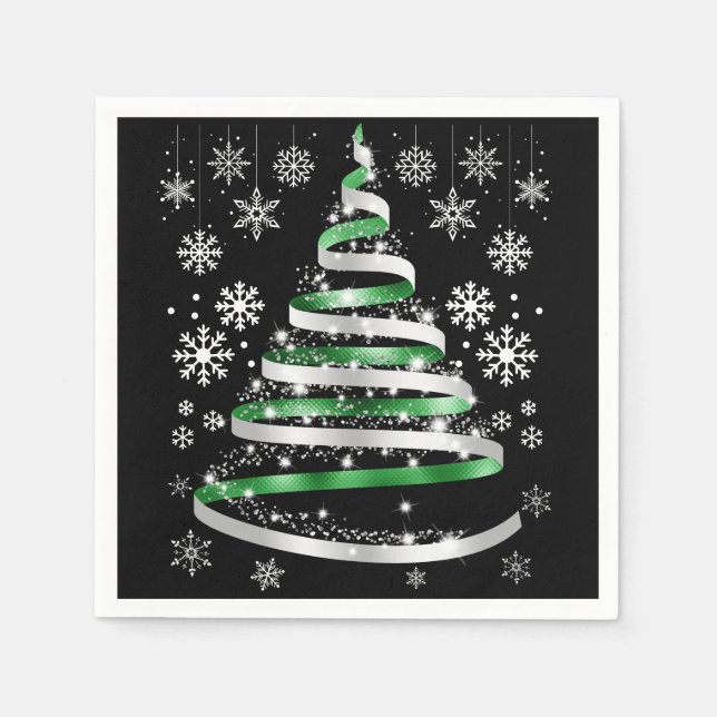 White Snowflake Silver Green Ribbon Christmas Tree Napkin (Front)