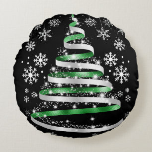 White Snowflake Silver Green Ribbon Christmas Tree Round Cushion