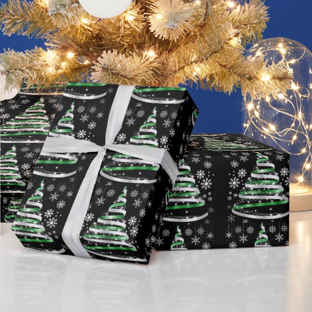White Snowflake Silver Green Ribbon Christmas Tree Wrapping Paper (Holidays)