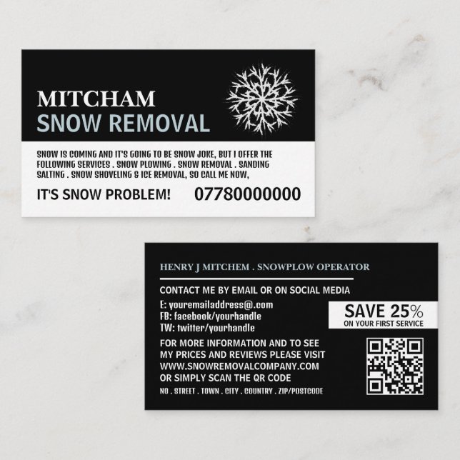 White Snowflake, Snow Removal Company Advertising Business Card (Front/Back)
