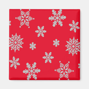 White Snowflake with Red Background Christmas Magnet