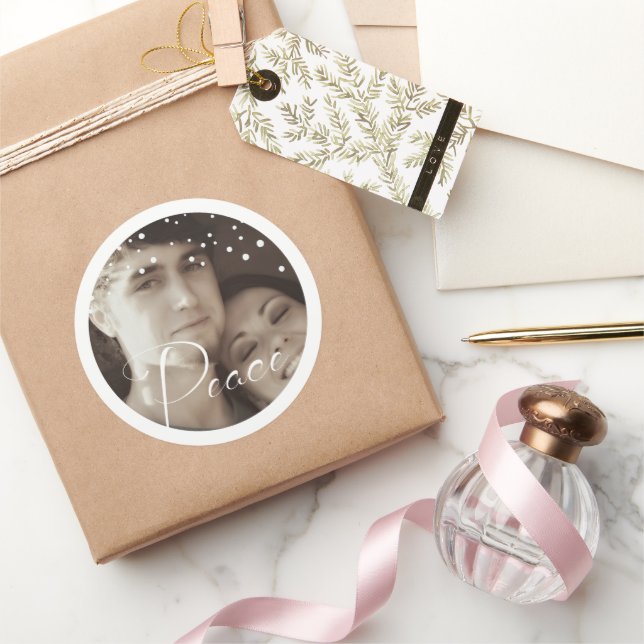 White Snowflake Your Photo Peace Holiday Christmas Classic Round Sticker (Gifting)
