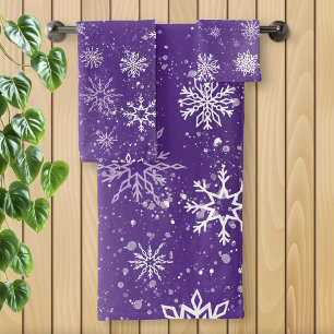 White Snowflakes Amethyst Purple Bath Towel Set