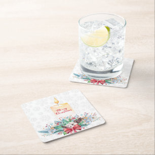 White Snowflakes And Christmas Decoration Square Paper Coaster