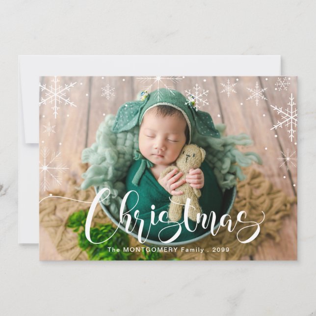 White Snowflakes and Christmas Typography Photo Holiday Card (Front)
