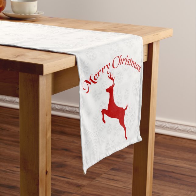 White Snowflakes And Reindeer Short Table Runner (In Situ)