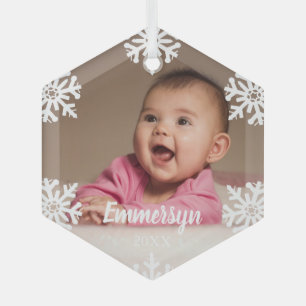White Snowflakes Baby Photo Glass Tree Decoration